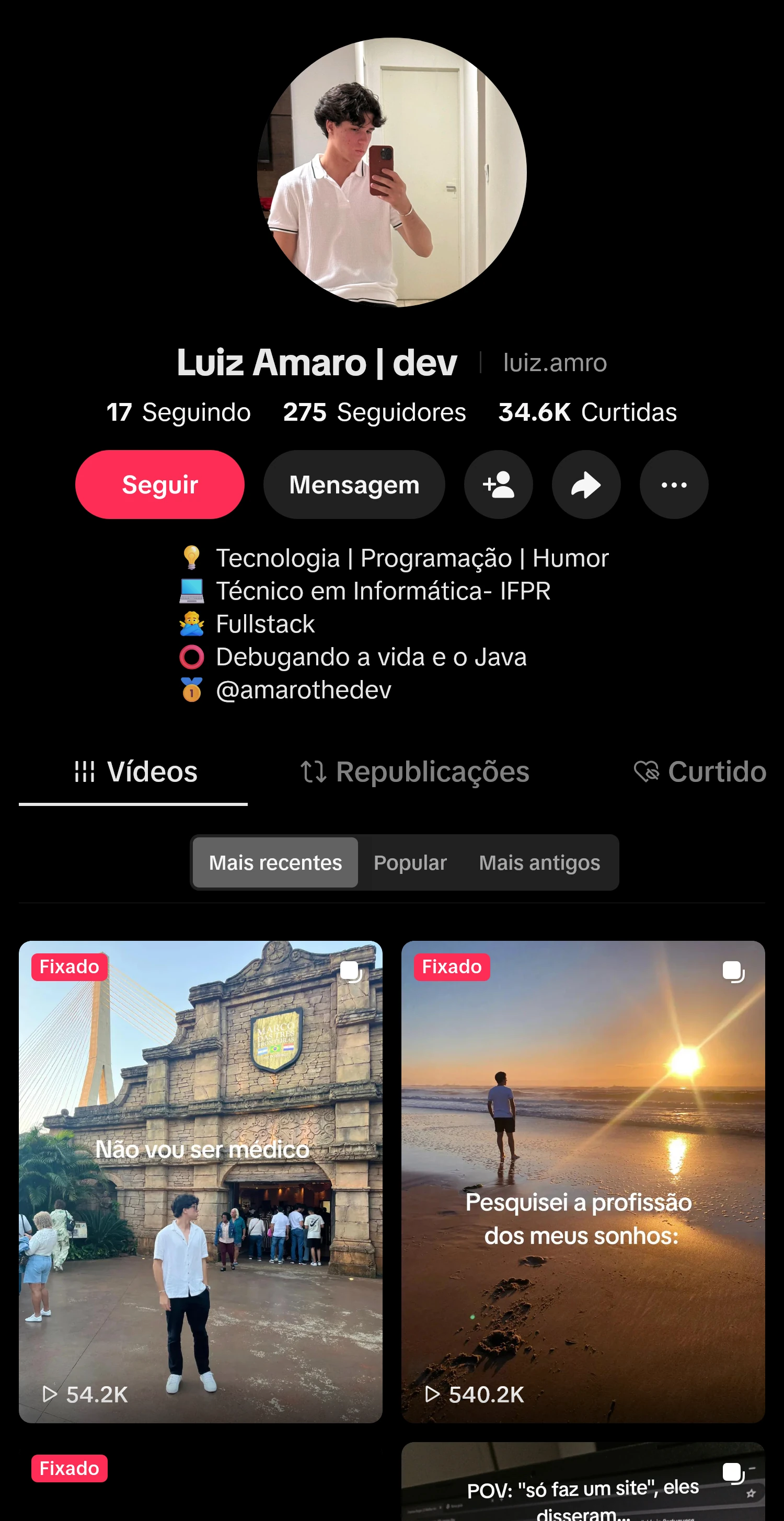 Vídeo do canal pessoal sobre programação no TikTok